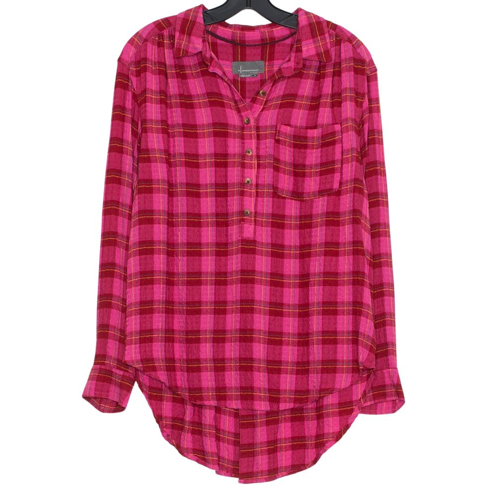 Anthropologie Isadora Flannel Plaid Popover Top Pink Oversized‎ High Low Boho M